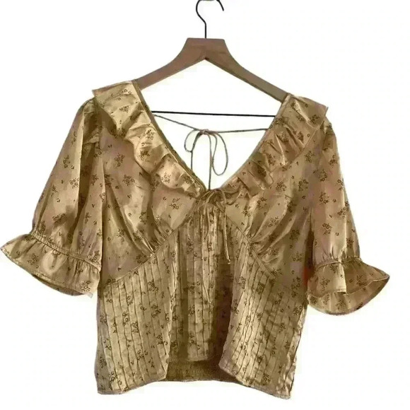FREE PEOPLE Isabella Silky Floral Ruffle Babydoll Blouse in Copper color - Picture 3 of 10